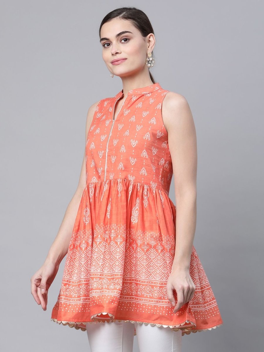 Ahalyaa Women Orange Pure Cotton Porcian Print Tunic | Swadesiicart