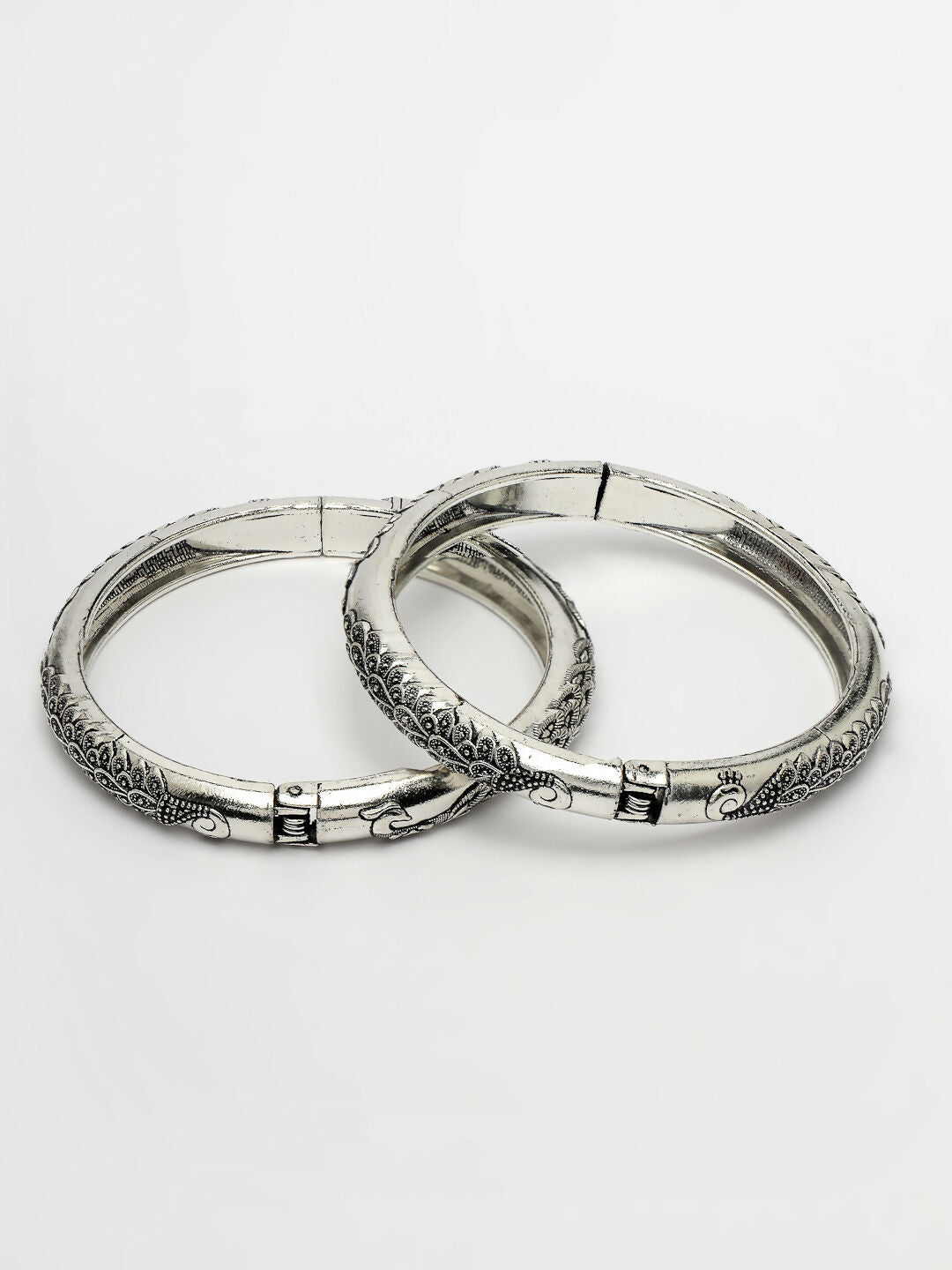 NVR Women's Set of 2 Silver-Toned German Silver Peacock Design Oxidised Kada Bangle - Swadesiicart