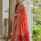Vishnu Weaves Women's Orange Raw Silk Thread Ikkat Woven Saree with Blouse - Swadesiicart