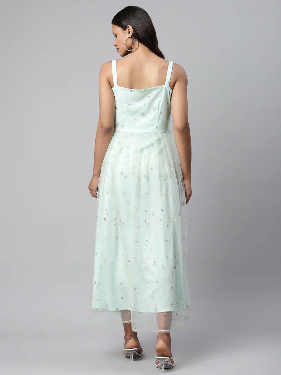 Ahalyaa Women Summer Blue Net Glitter Printed Dress | Swadesiicart