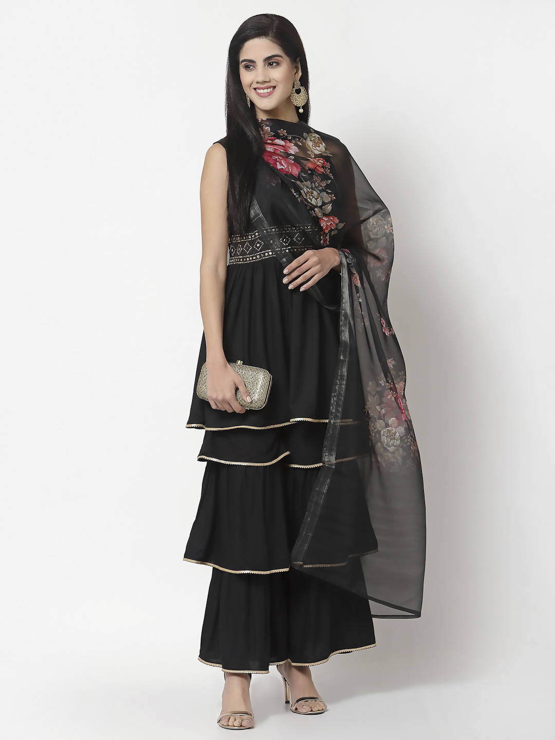 Myshka Women Black Rayon Solid Sleeveless Round Neck Kurta With Sharara & Dupatta Set | Swadesiicart