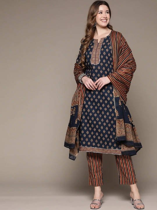 Anubhutee Navy Blue Printed Gotta Patti Pure Cotton Kurta with Trousers & Dupatta | Swadesiicart