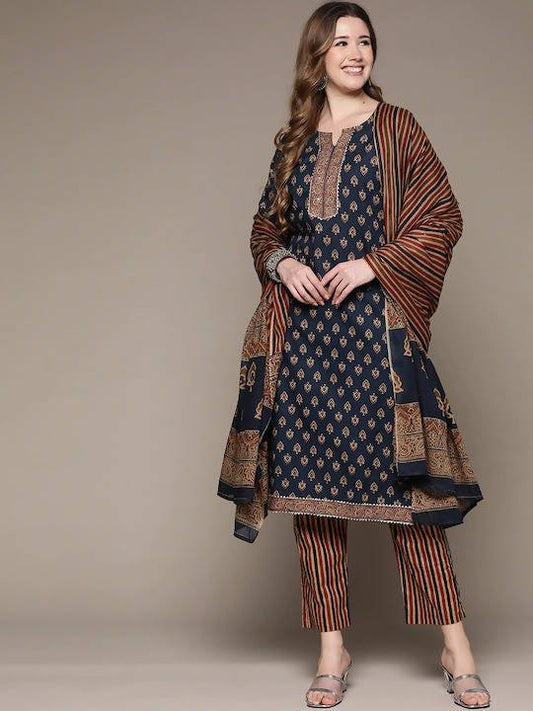 Anubhutee Navy Blue Printed Gotta Patti Pure Cotton Kurta with Trousers & Dupatta | Swadesiicart