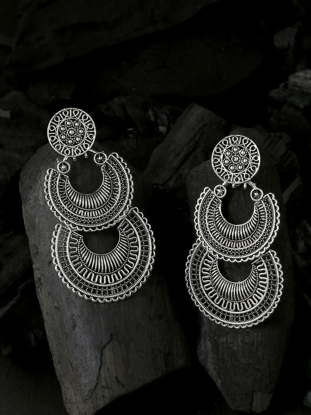 NVR Women Silver Plated Crescent Shaped Drop Earrings | Swadesiicart