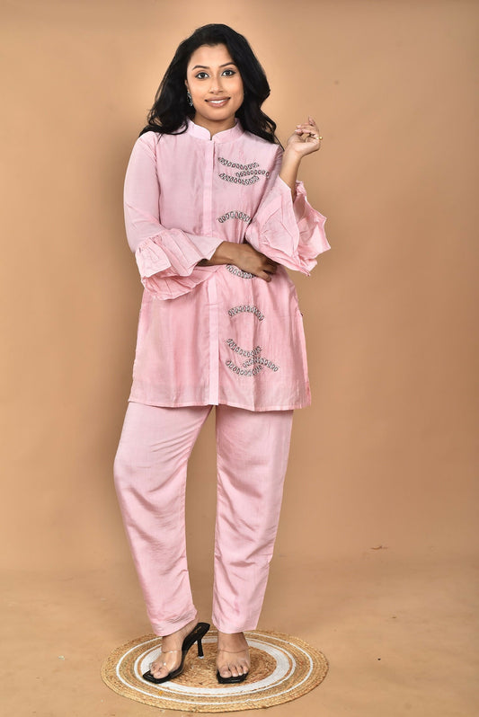 Morchari Women Hand Embroidery Co-Ords-Pink - Swadesiicart