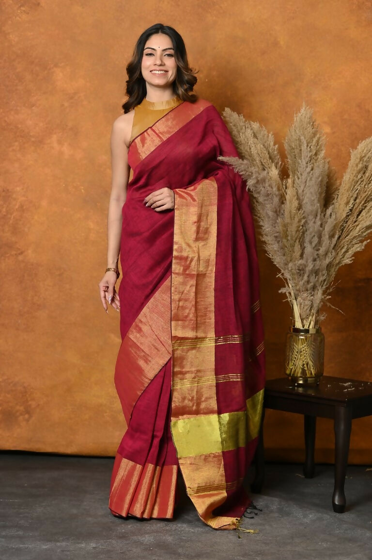Very Much Indian Handloom Pure Cotton Linen Saree With Golden Border - Maroon | Swadesiicart