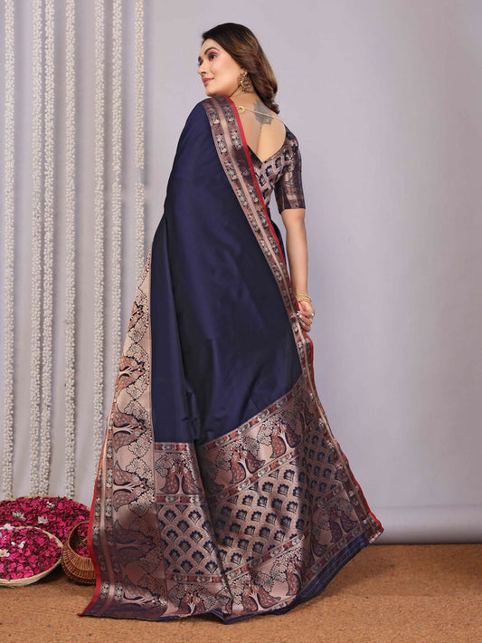 Joban Fashion Navy Blue Woven Banarasi Silk Sarees | Swadesiicart