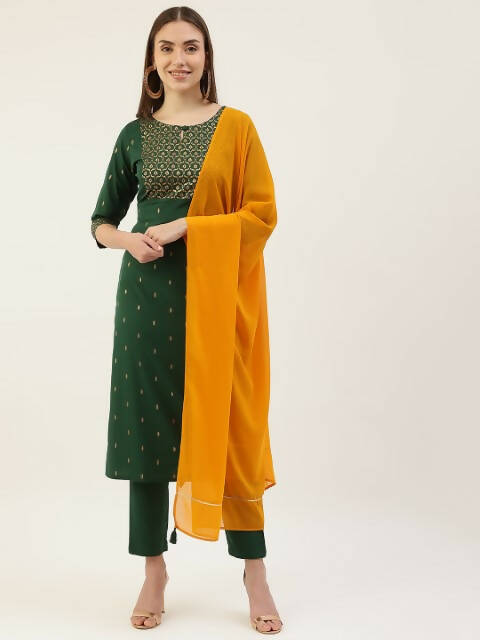 FIORRA Women's Green Poly Crepe Straight Kurta Pant With Dupatta - Swadesiicart