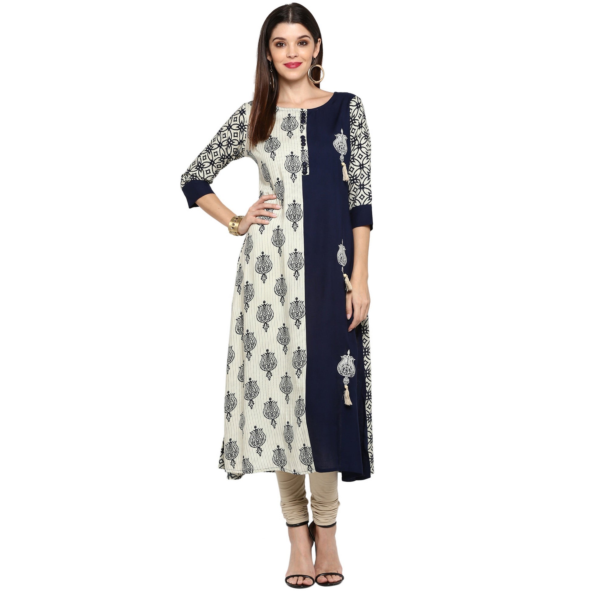 NOZ2TOZ Women's Blue & White Rayon Straight Kurta- (1pc set) - Swadesiicart