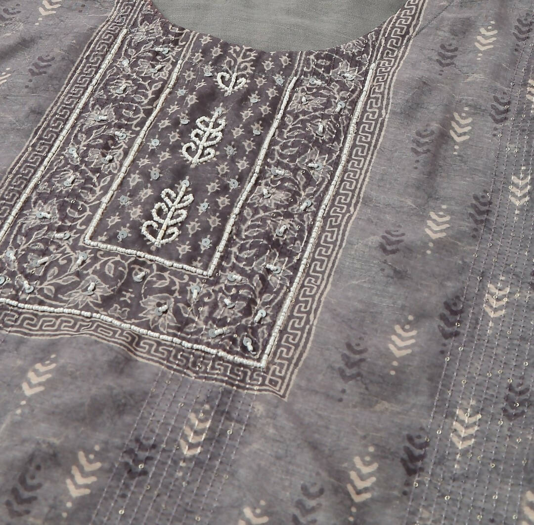 Grey Chinon Digital Printed With Hand Work Kurta - Himanshi - Swadesiicart