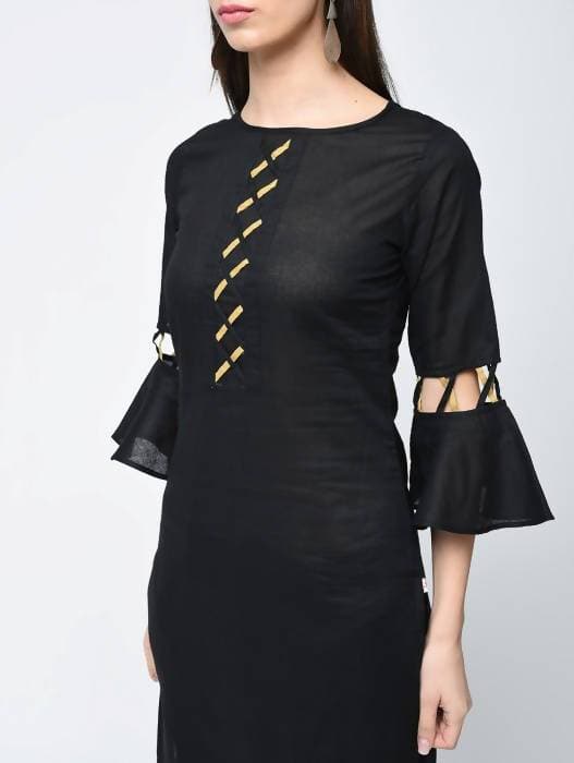 Aniyah Cotton Criss Cross Bell Sleeves Straight Kurta In Black (AN-101C) - Swadesiicart