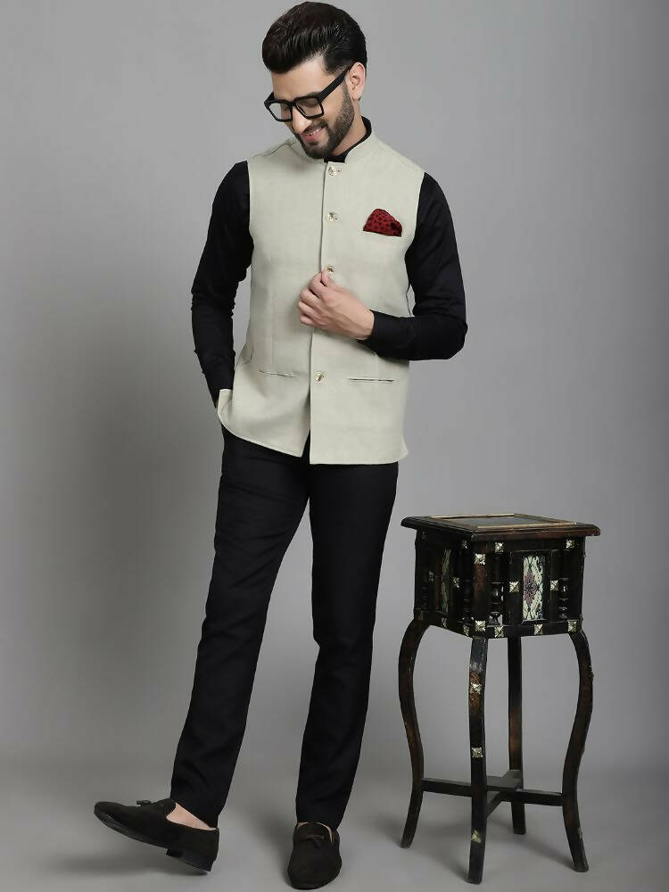 Even Apparels Self-Design Waistcoat With Welt Pockets - Beige | Swadesiicart