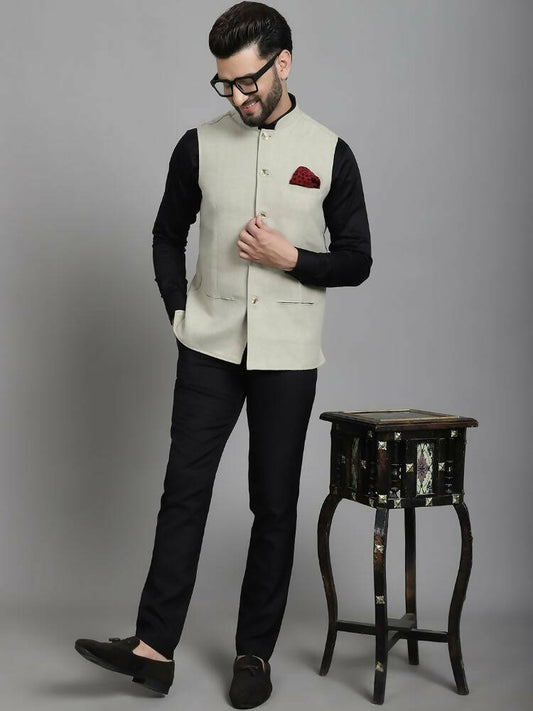 Even Apparels Self-Design Waistcoat With Welt Pockets - Beige | Swadesiicart
