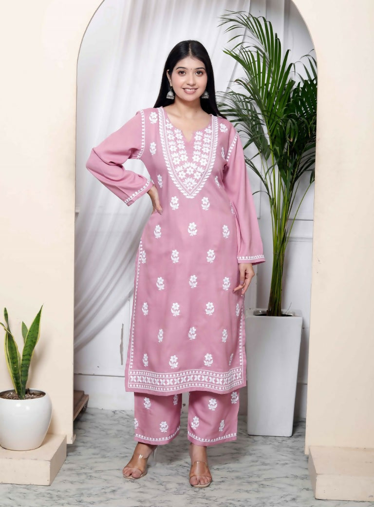 Miravan Women's Chikankari Embroidery Pink Straight Kurta & Palazzo Set | Swadesiicart