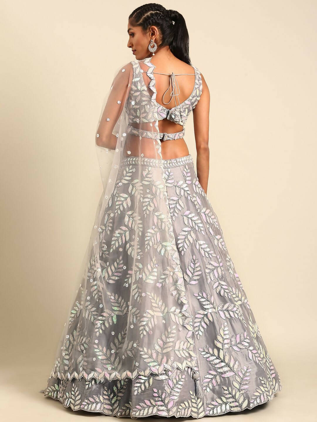 House of Panchhi Grey Organza Sequins & Zarkan embroidery Lehenga choli & Dupatta | Swadesiicart