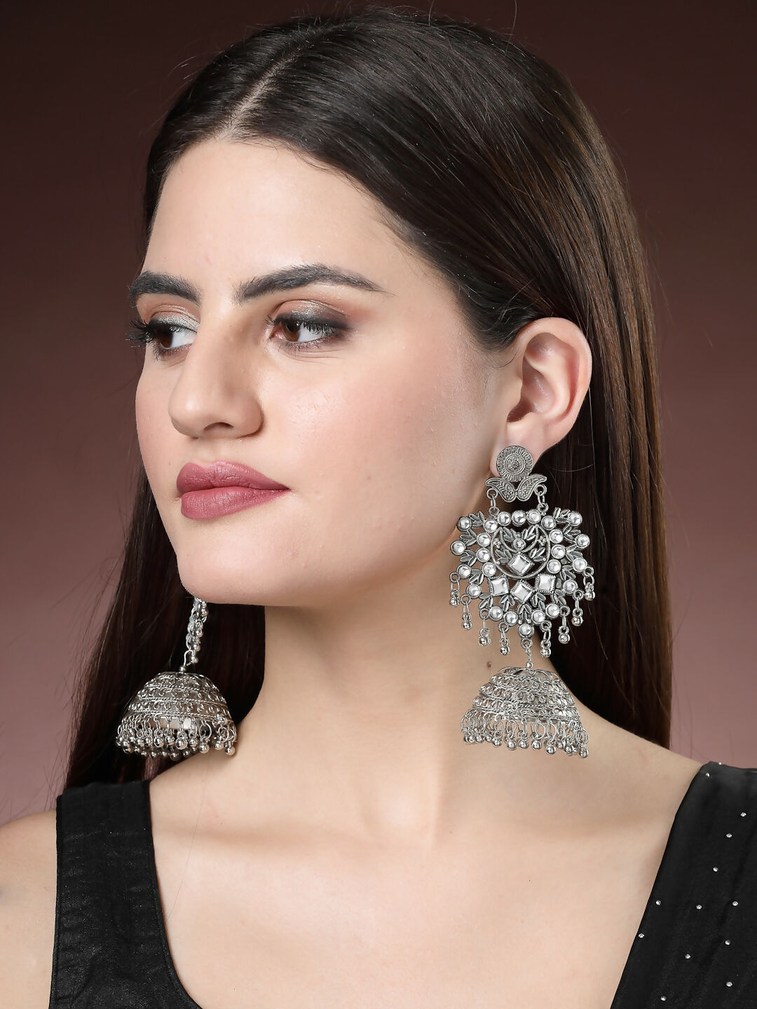 NVR Women's Silver-Plated Oxidised Artificial Stones Dome Shaped Jhumka Earrings | Swadesiicart