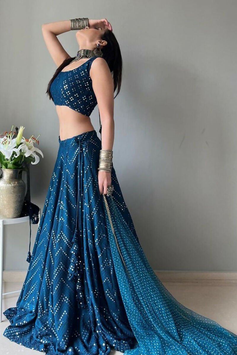 Jyoti Fashion Blue Thread Embroidery Georgette Designer Lehenga Choli with Dupatta | Swadesiicart