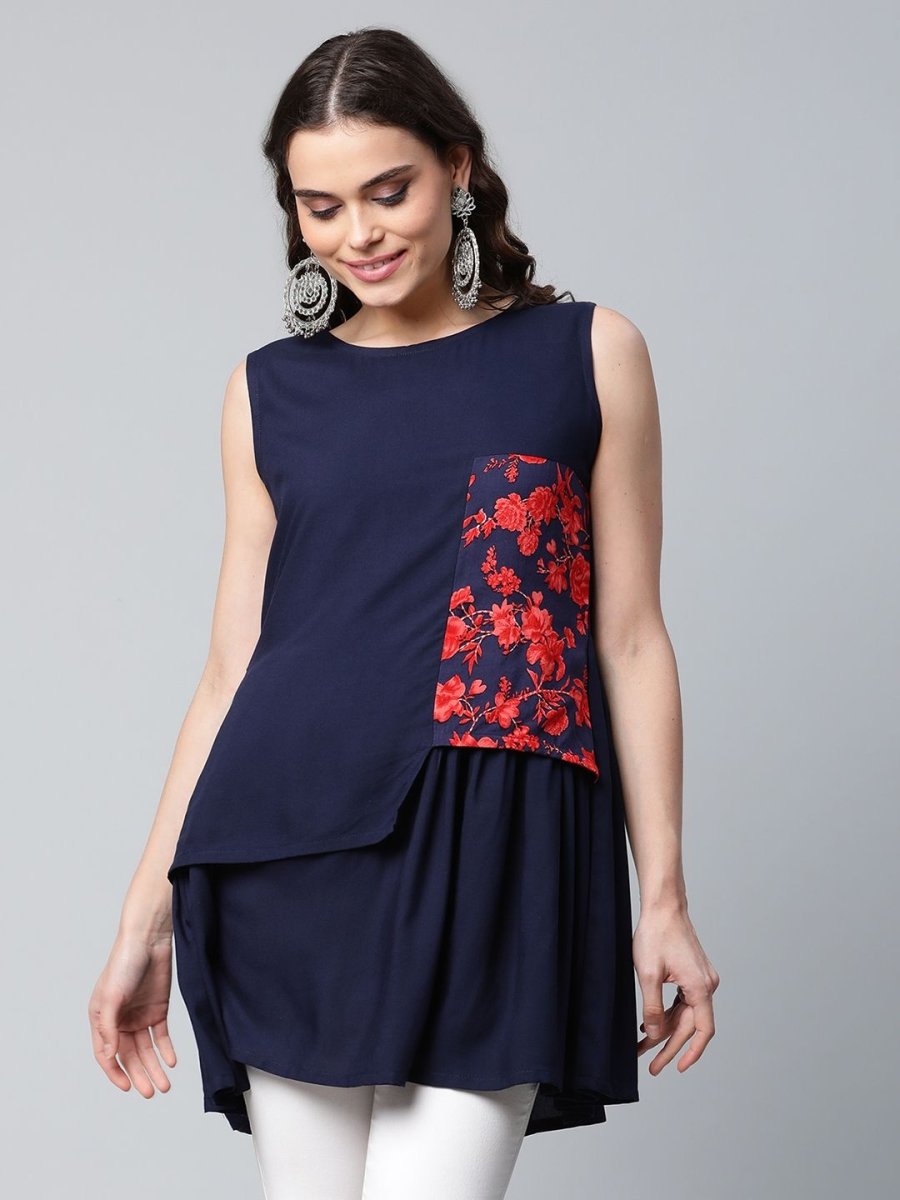 Ahalyaa Women Navy Blue Rayon Printed Tunic | Swadesiicart