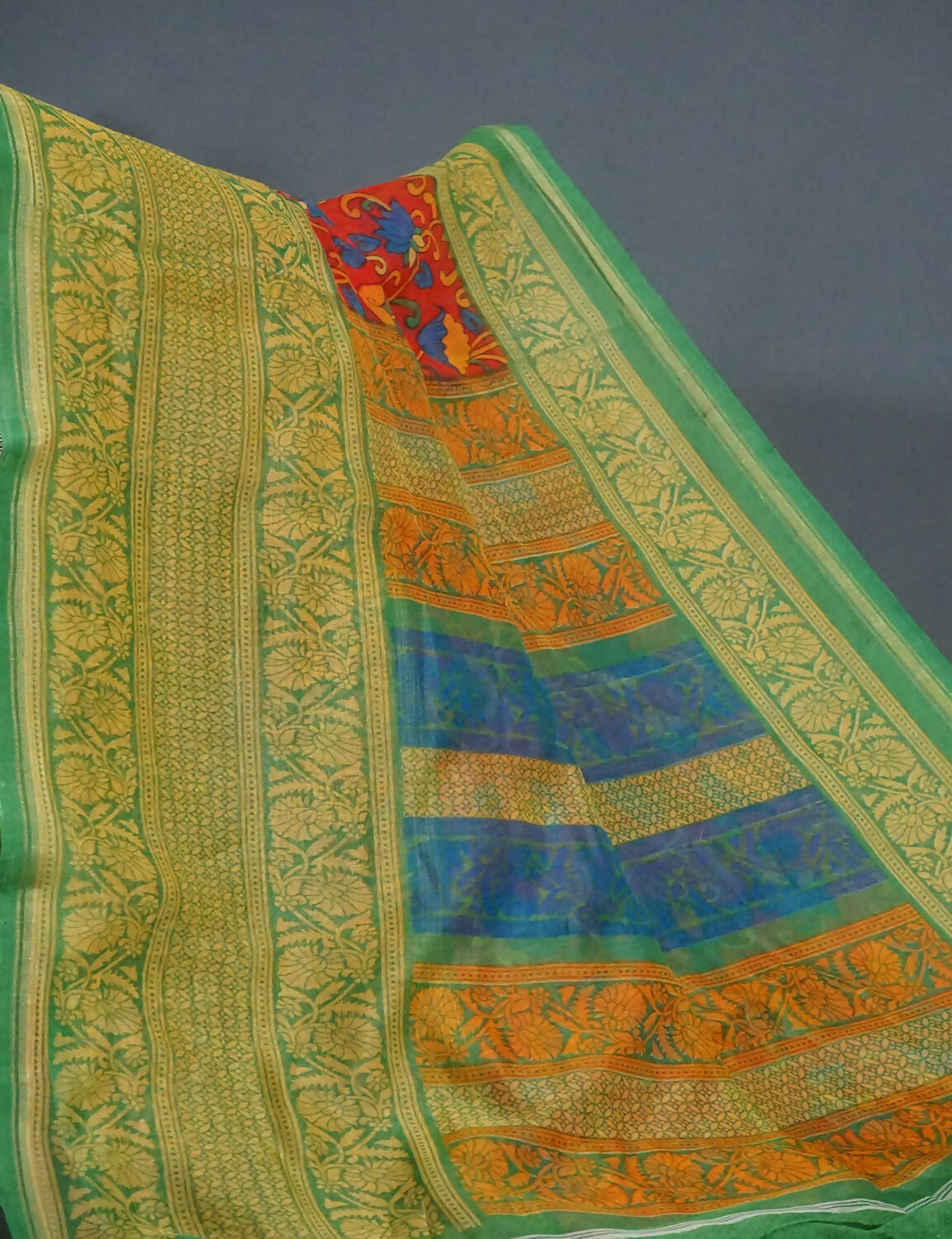 Multi Shades Of Red And Green Kalamkaari Design Semi Chanderi Saree By Gayathri Reddy Designer Studio | Swadesiicart