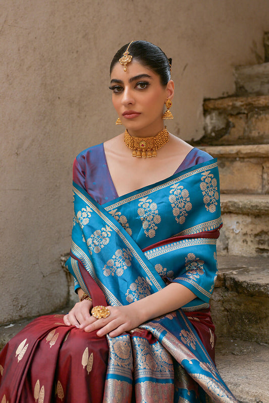 Vishnu Weaves Women's Coffee Kanchi Silk Woven Saree with Blouse - Swadesiicart