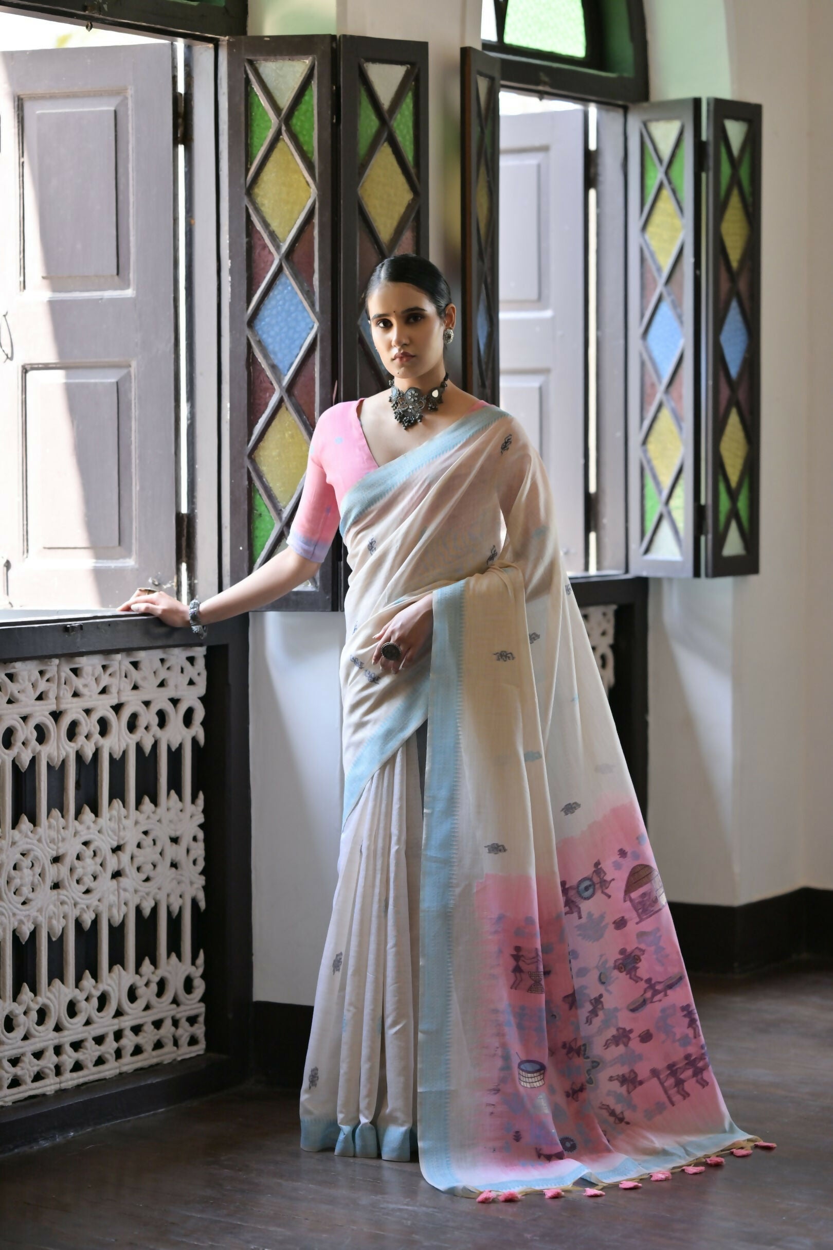Vishnu Weaves Women's Firozi Muga Cotton Saree with Blouse - Swadesiicart