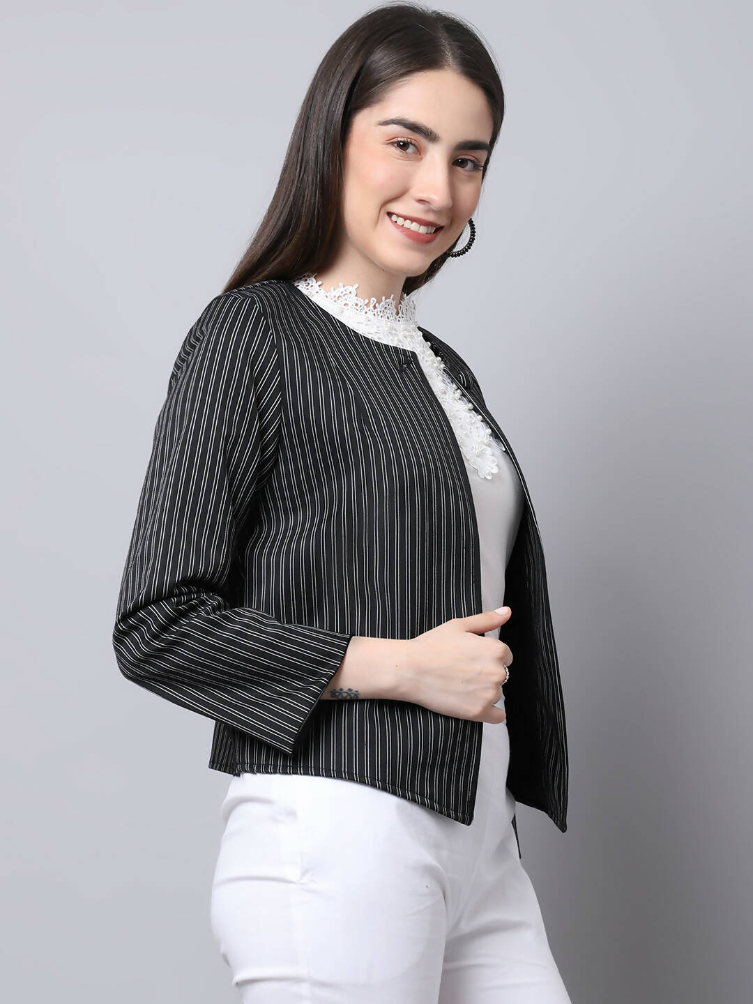 Even Apparels Black Polywool Open Front Statement Women's Jacket | Swadesiicart