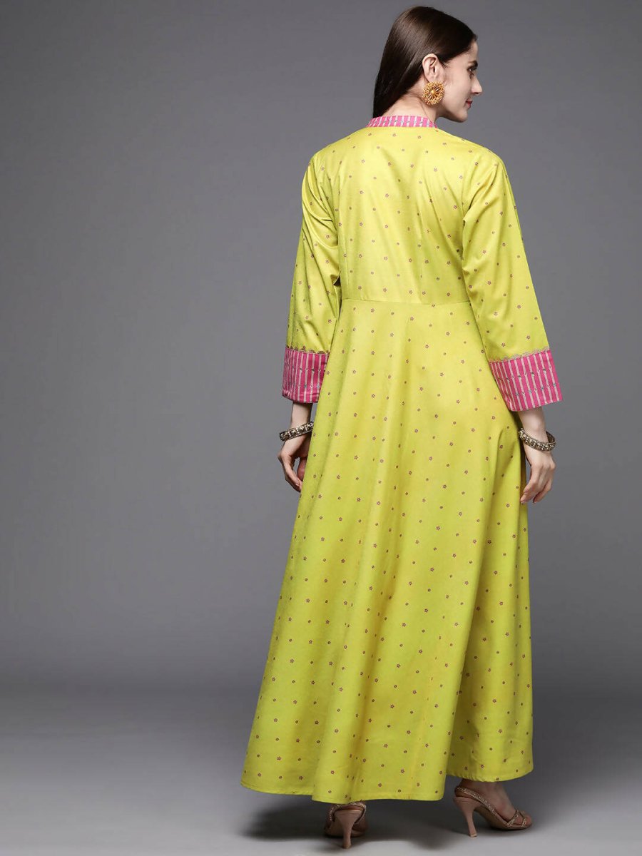 Ahalyaa Women Lime Yellow & Pink Printed Pleated A-Line Maxi Ethnic Dress | Swadesiicart