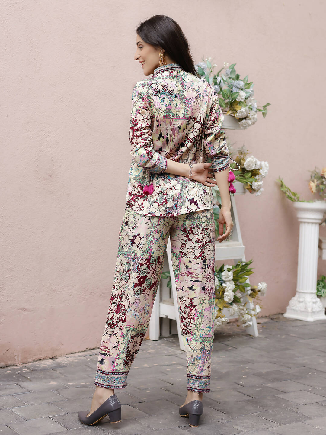 Cream Rayon Floral Printed Top with Matching Bottom - Eesha - Swadesiicart