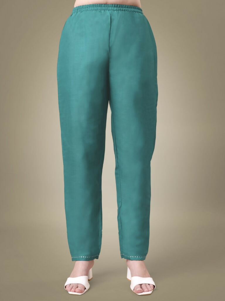 Jyoti Fashion Women's Teal Cotton Blend Embroidery & Sequence work Kurta with Trouser & Dupatta | Swadesiicart