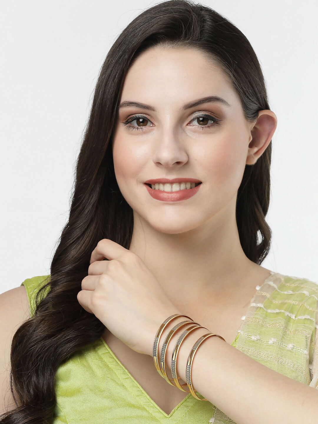 NVR Women's Set of 4 Gold-Polished CZ-Studded Traditional Bangles - Swadesiicart