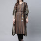 Ahalyaa Women Brown Georgette Gold Silver Printed Kaftan Kurta | Swadesiicart