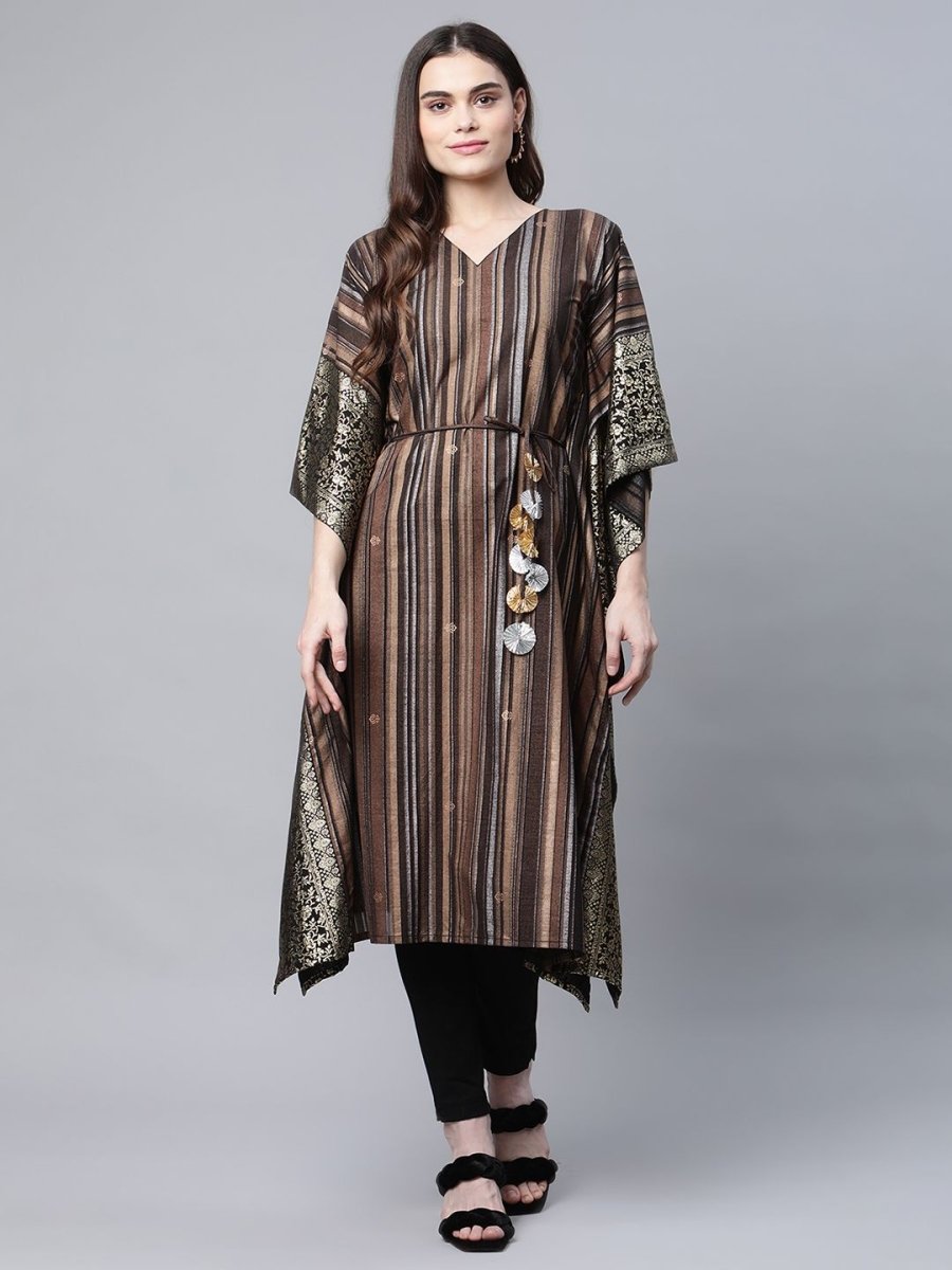 Ahalyaa Women Brown Georgette Gold Silver Printed Kaftan Kurta | Swadesiicart