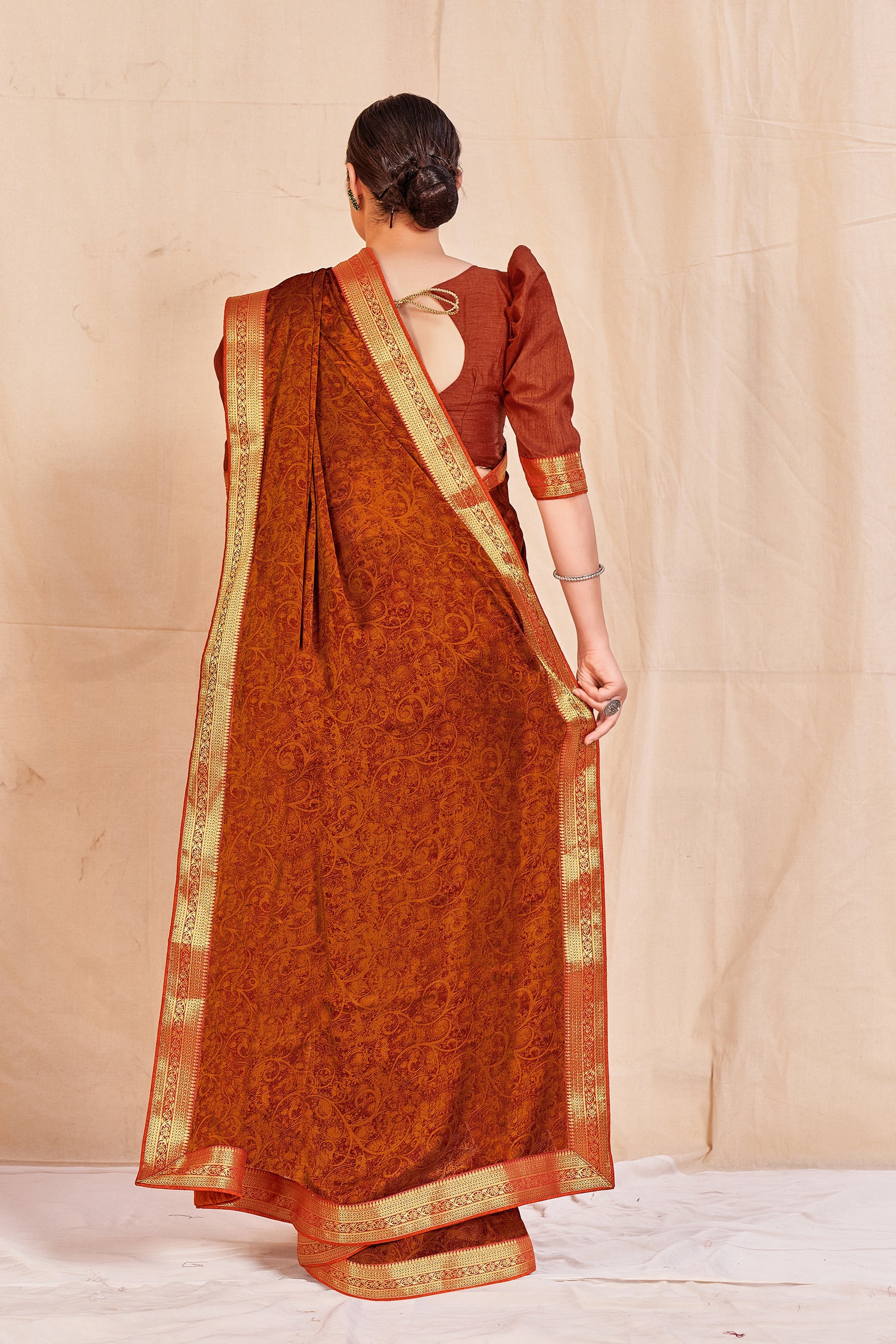 Vamika Orange Designer Cadbury Chiffon Banarasi Lace Saree | Swadesiicart