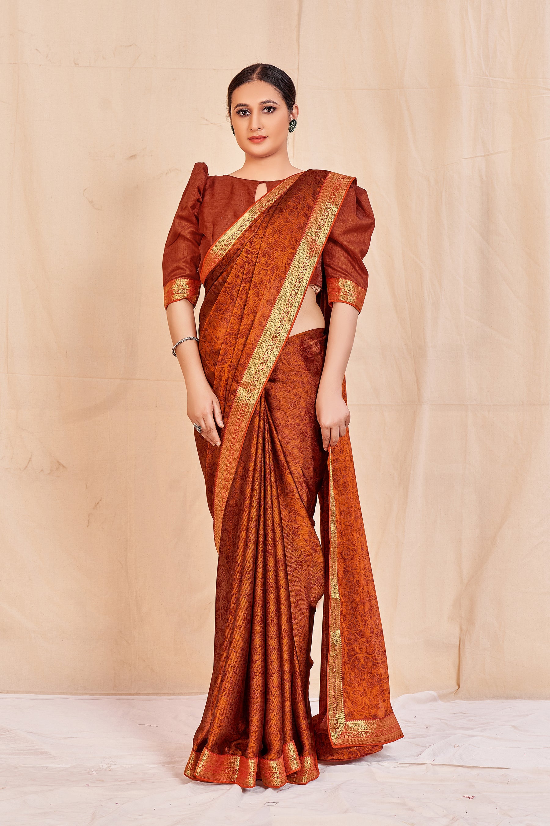 Vamika Orange Designer Cadbury Chiffon Banarasi Lace Saree | Swadesiicart