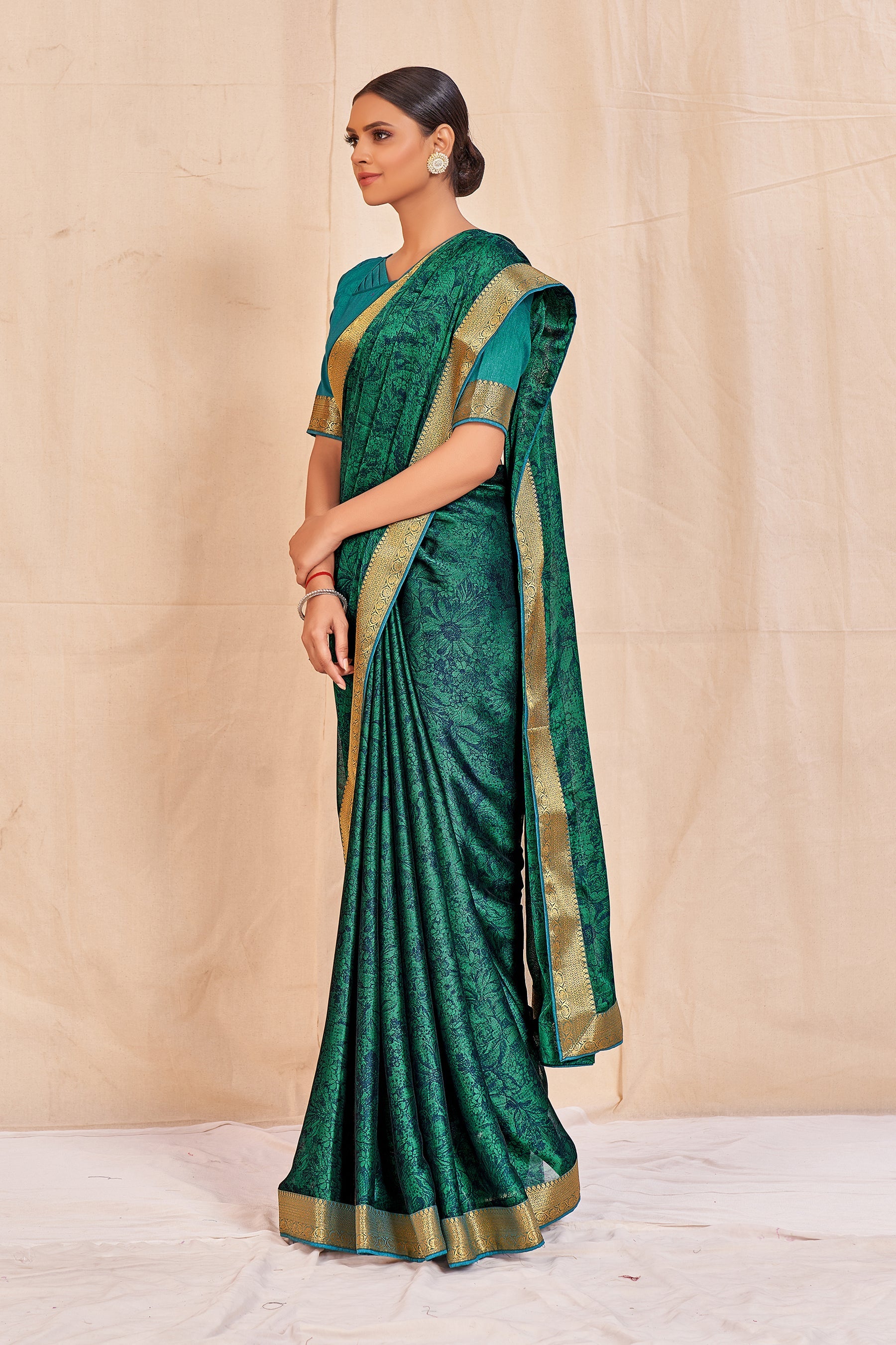 Vamika Rama Green Designer Cadbury Chiffon Banarasi Lace Saree | Swadesiicart