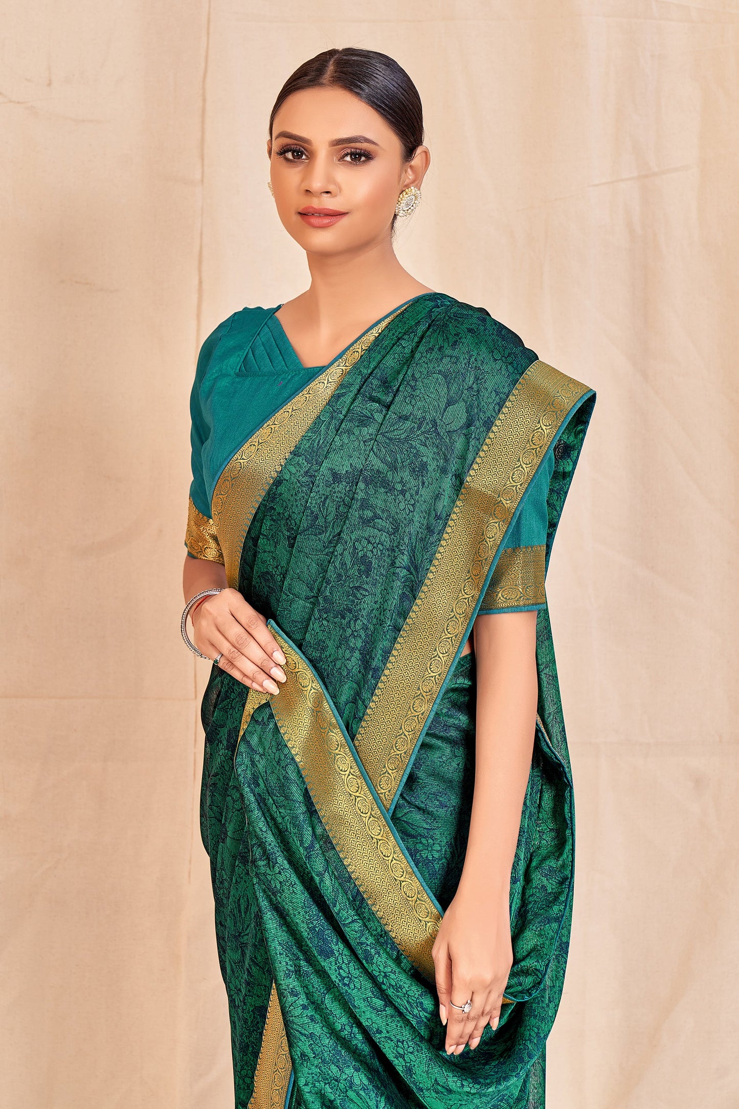Vamika Rama Green Designer Cadbury Chiffon Banarasi Lace Saree | Swadesiicart