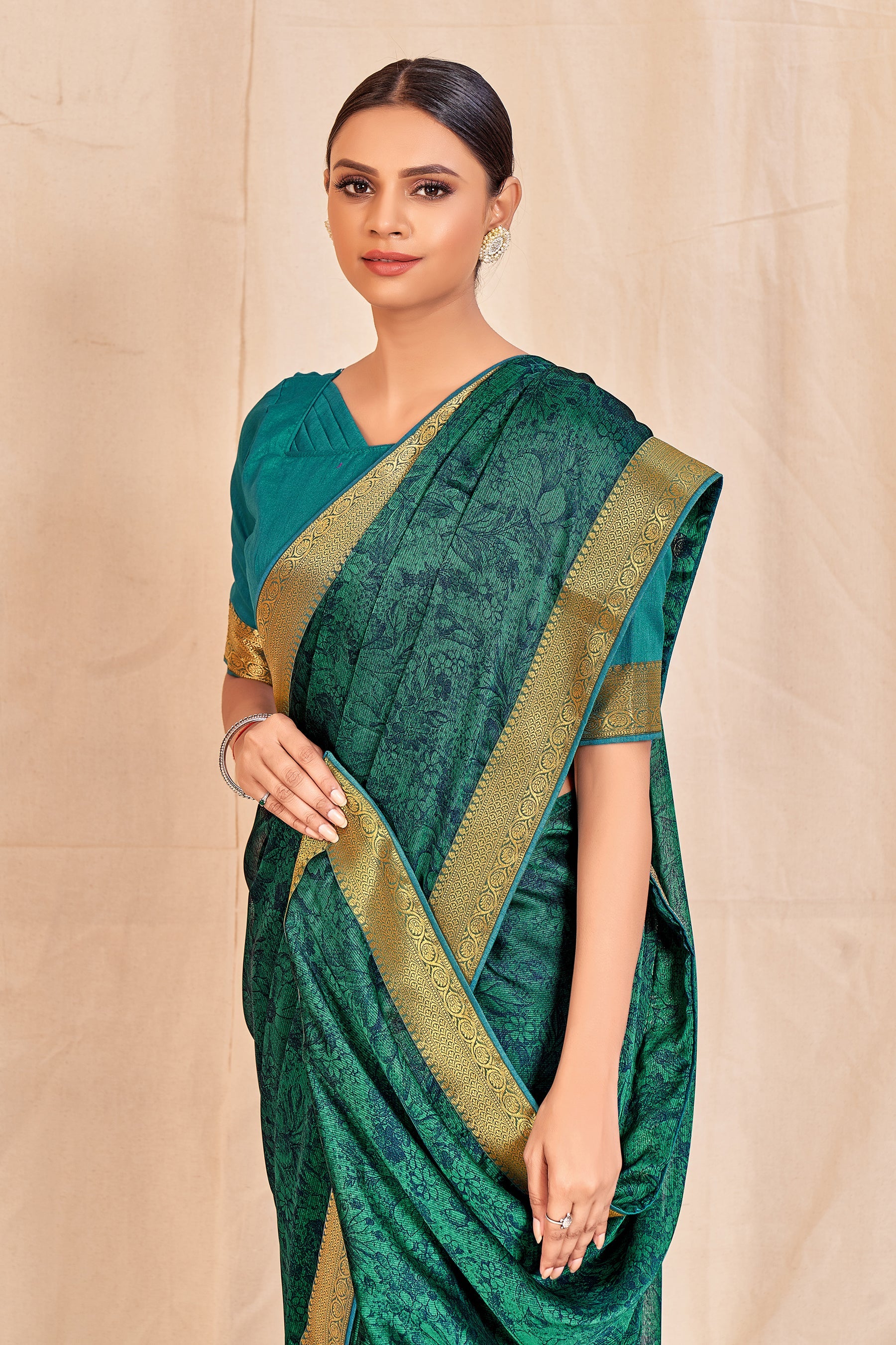 Vamika Rama Green Designer Cadbury Chiffon Banarasi Lace Saree | Swadesiicart