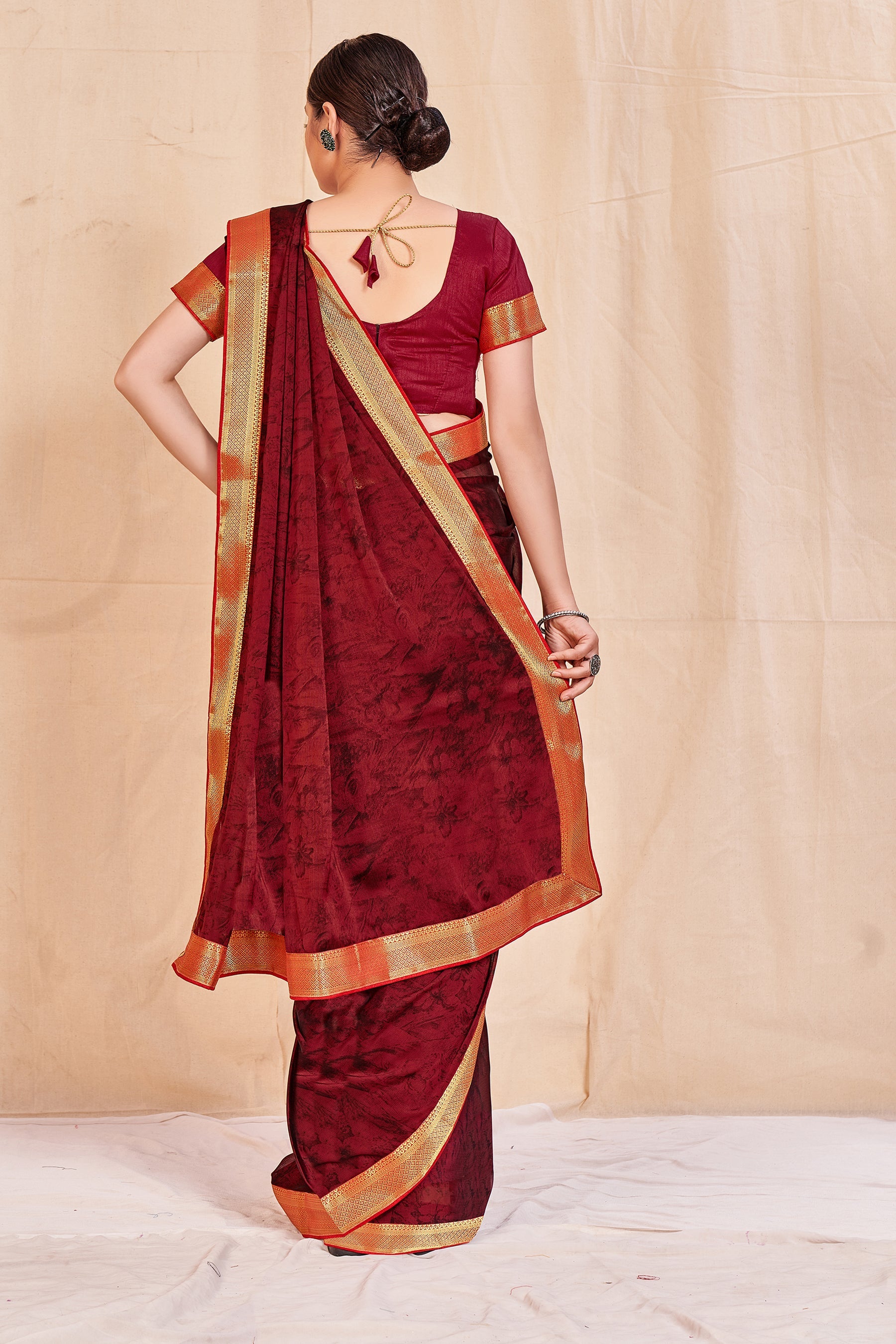 Vamika Maroon Designer Cadbury Chiffon Banarasi Lace Saree | Swadesiicart