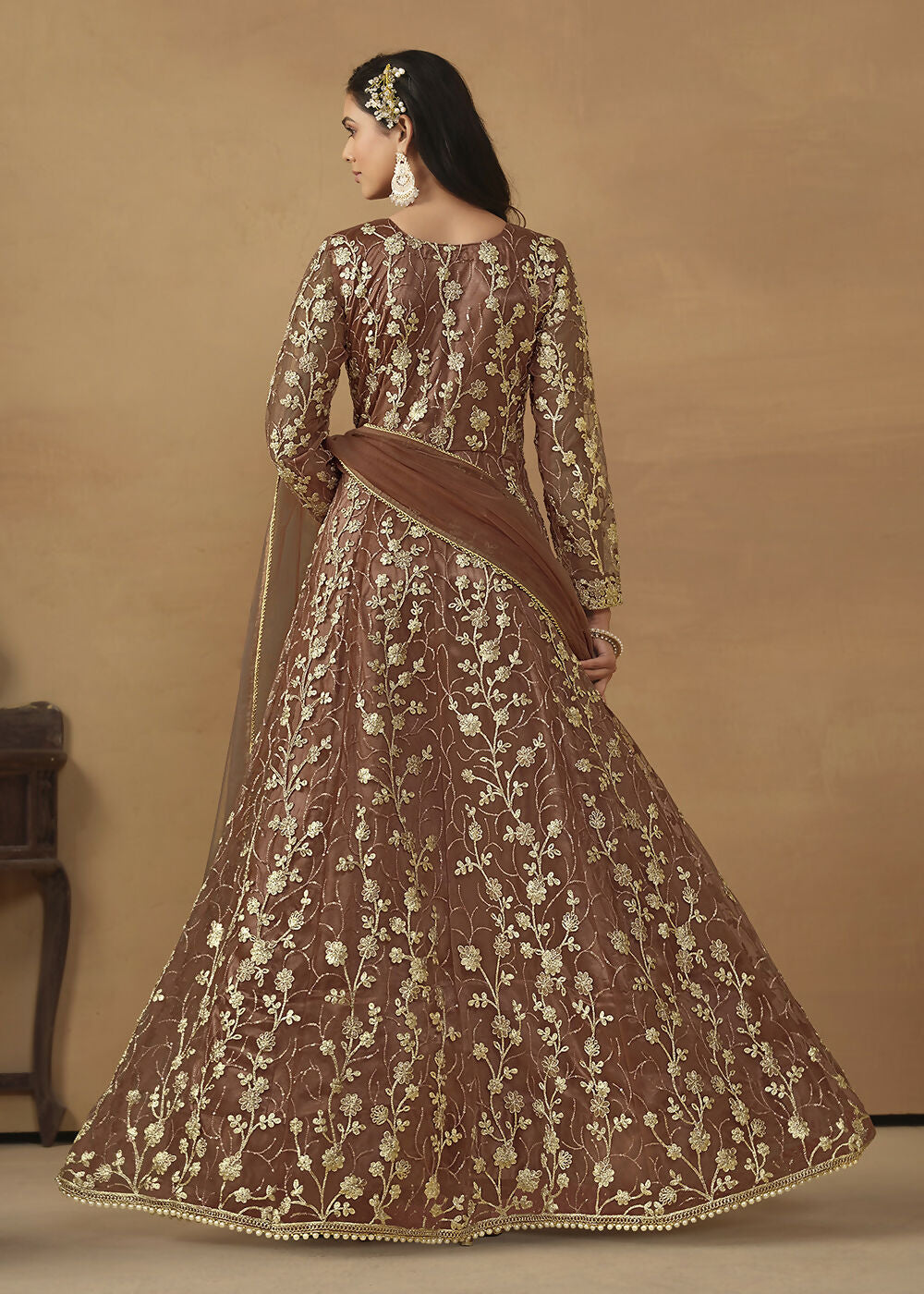 Pant Style Snuff Brown Embroidered Net Wedding Anarkali Suit - Emponline | Swadesiicart