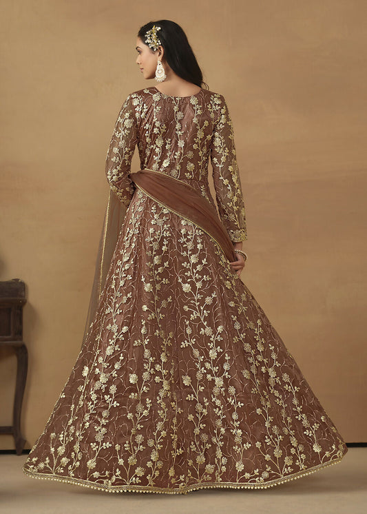Pant Style Snuff Brown Embroidered Net Wedding Anarkali Suit - Emponline | Swadesiicart