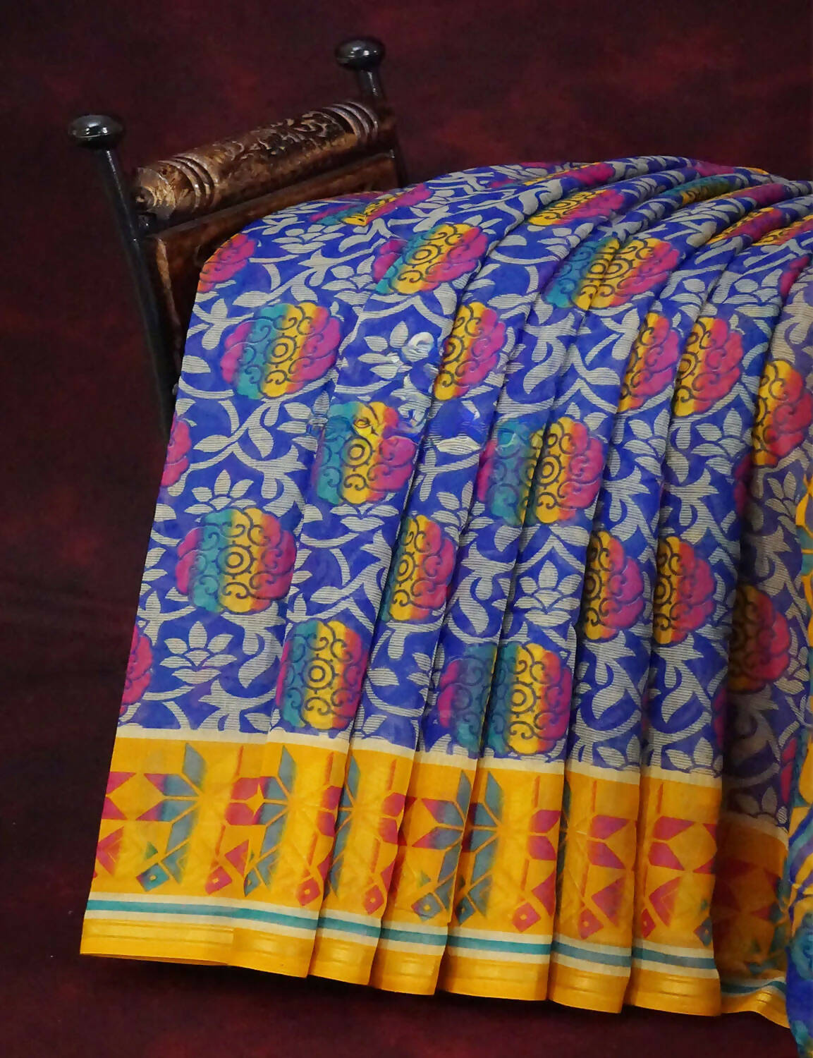 Ink Blue Printed Semi Chanderi Saree By Gayathri Reddy Designer Studio | Swadesiicart