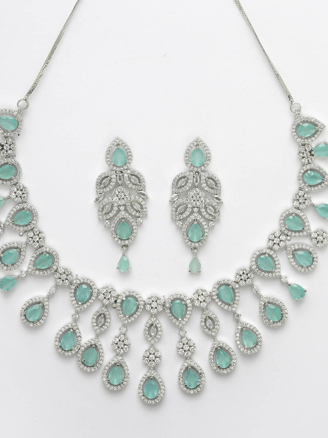 NVR Women Silver Plated & Turquoise Cz Stone Handcrafted Jewellery Set - Swadesiicart