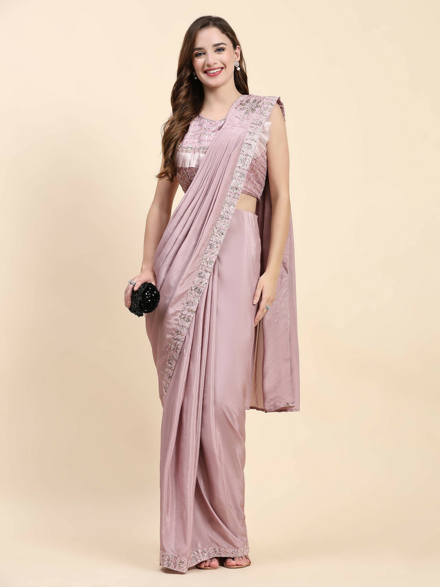 Pink Silk Satin Solid Ready to wear Saree with stitched Blouse - Satiksha | Swadesiicart
