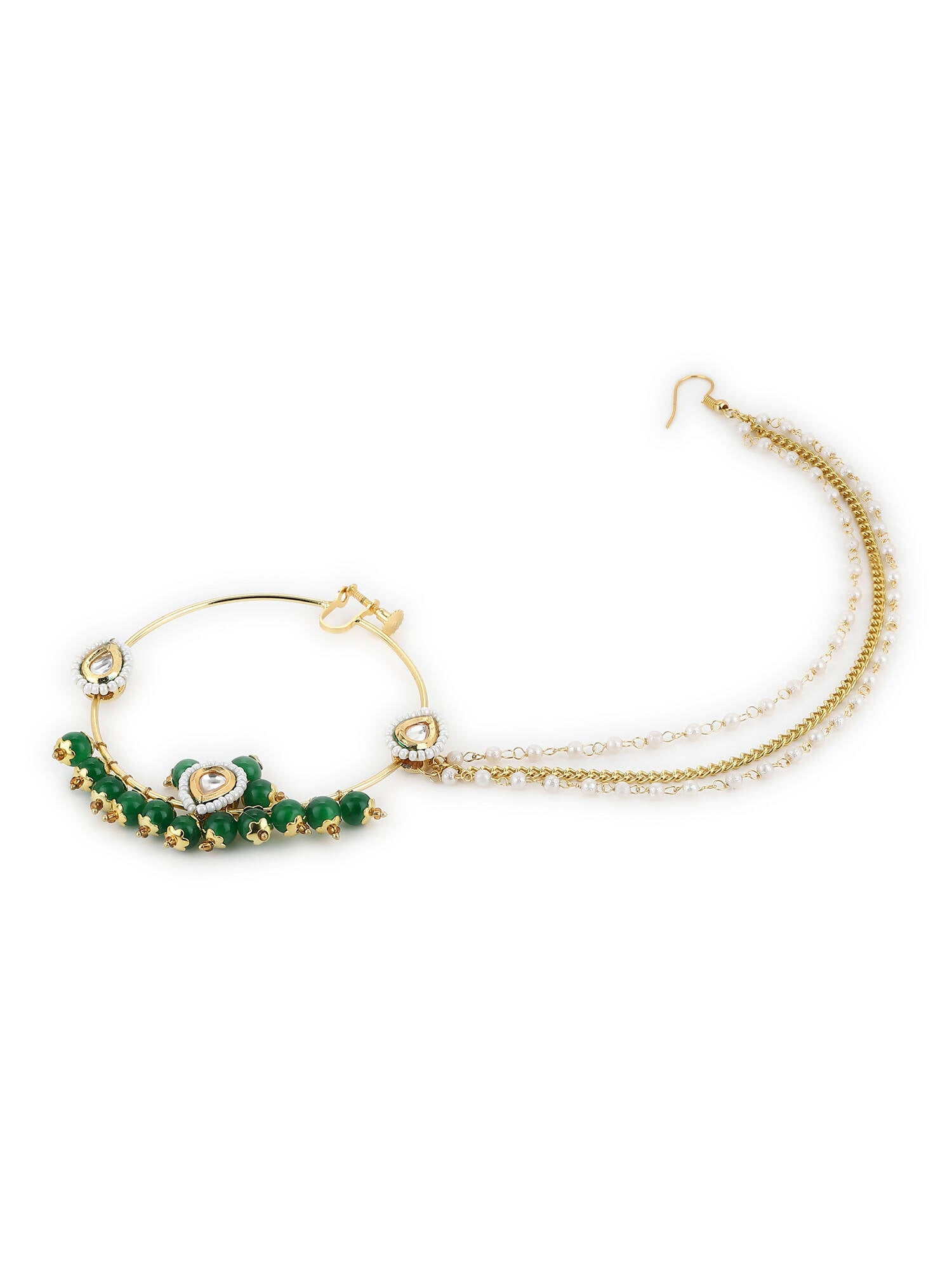 Gold-Polished White Green Kundan-Studded Pearl Beaded Nosepin - Ruby Raang | Swadesiicart