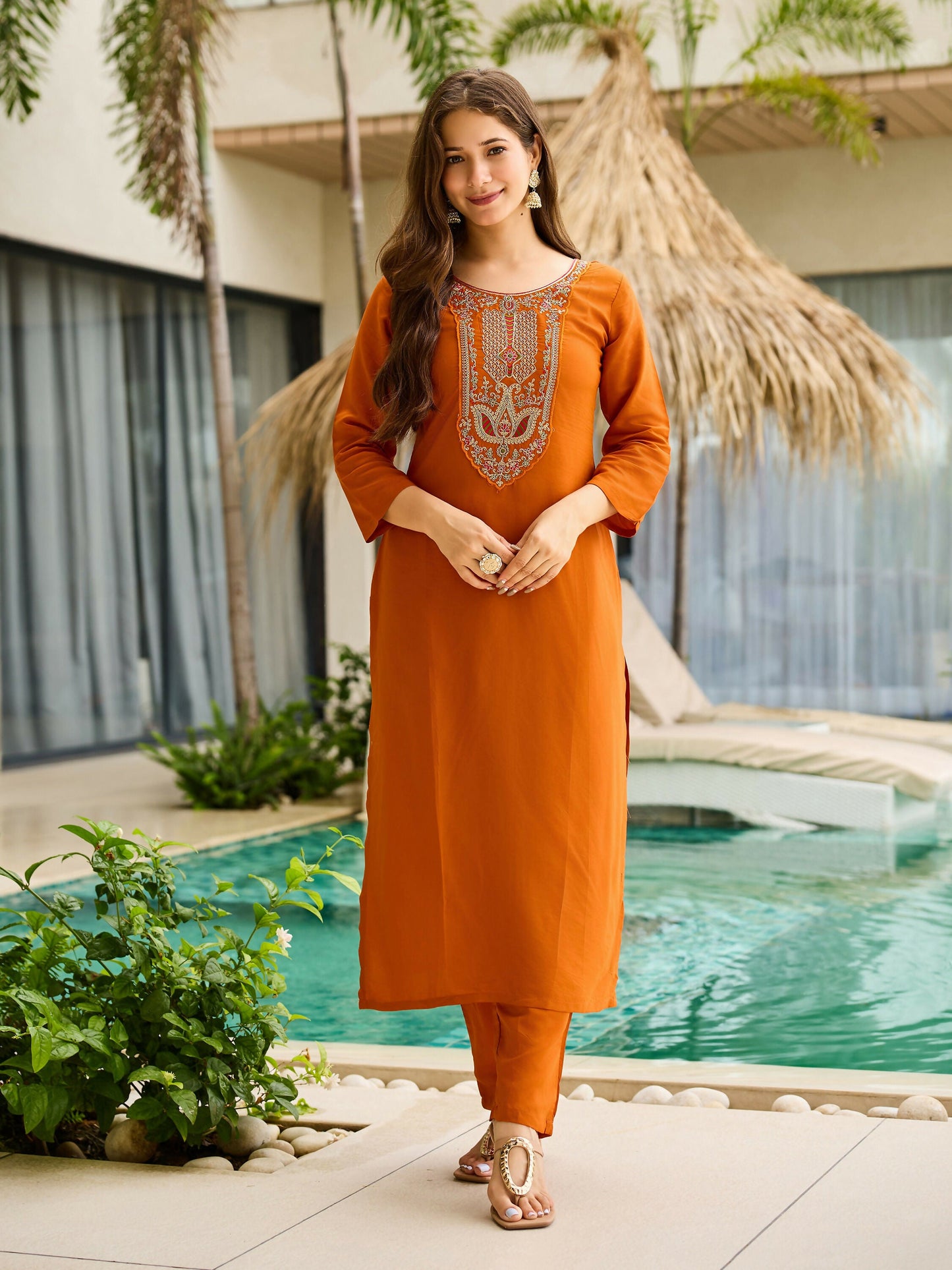 The52 Rust Women's Gorgeous Embroidered work Rayon Fabric Straight Kurta, Pant and Dupatta Set - Swadesiicart