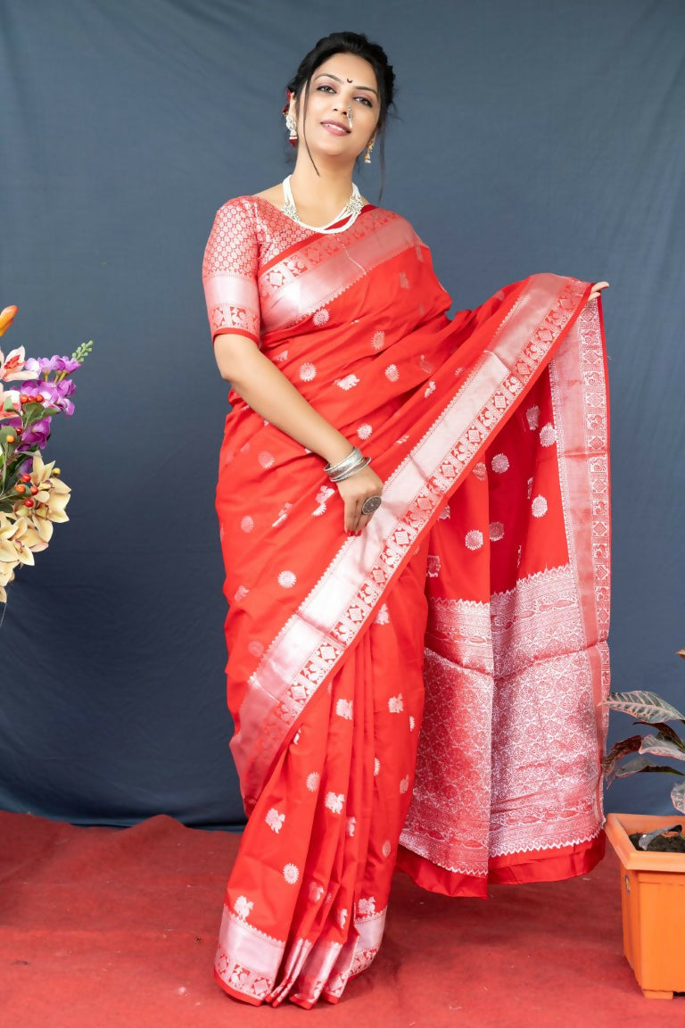 Jyoti Fashion Women's Red Soft Banarasi Silk Zari Woven Saree with Blouse | Swadesiicart