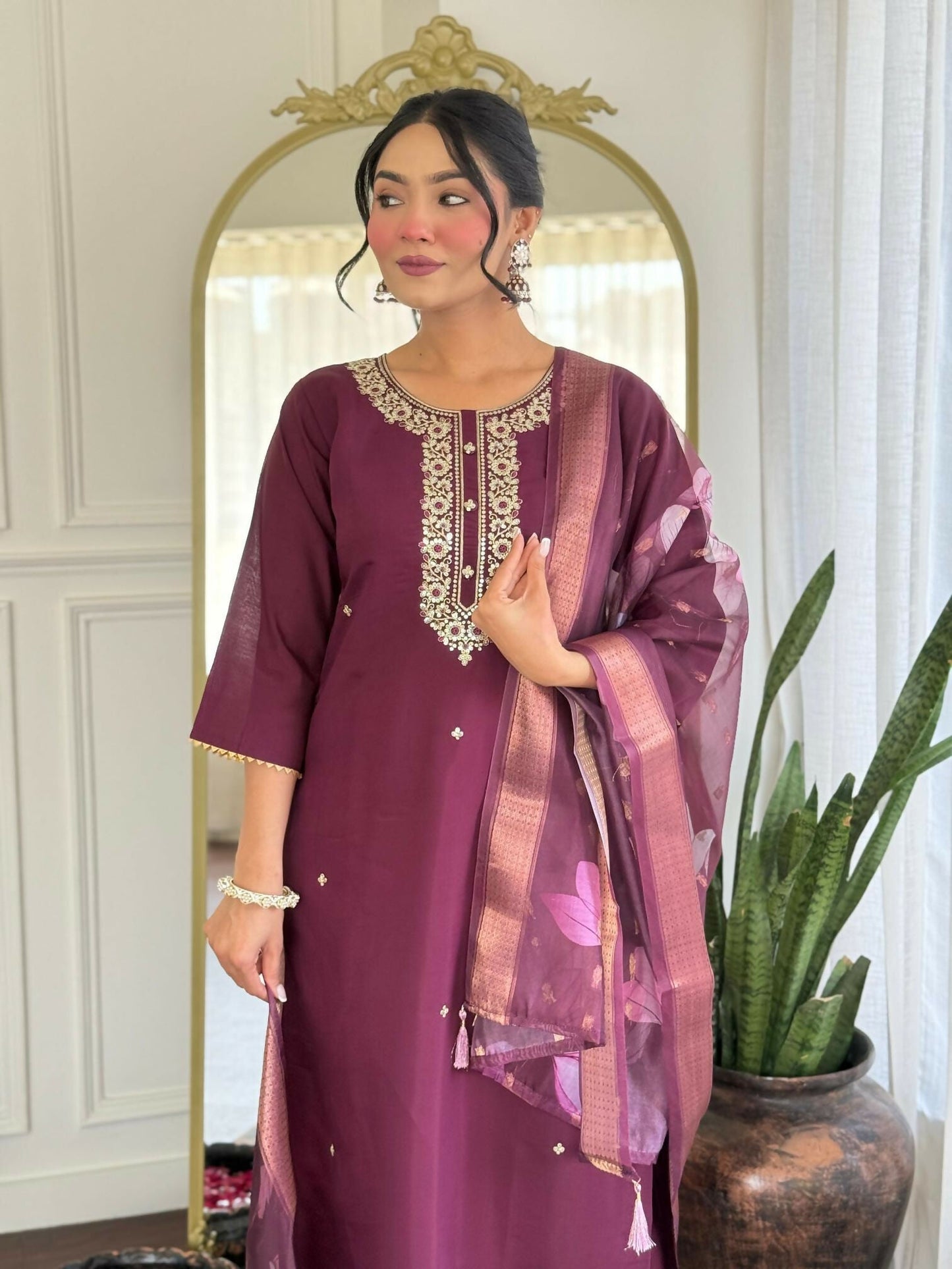 The52 Wine Women's Gorgeous Rayon Fabric Embroidered Work Straight Kurta Pant and Dupatta Set - Swadesiicart