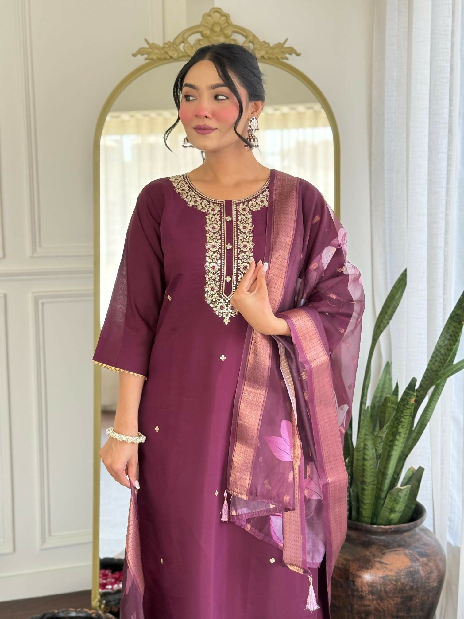 The52 Wine Women's Gorgeous Rayon Fabric Embroidered Work Straight Kurta Pant and Dupatta Set - Swadesiicart