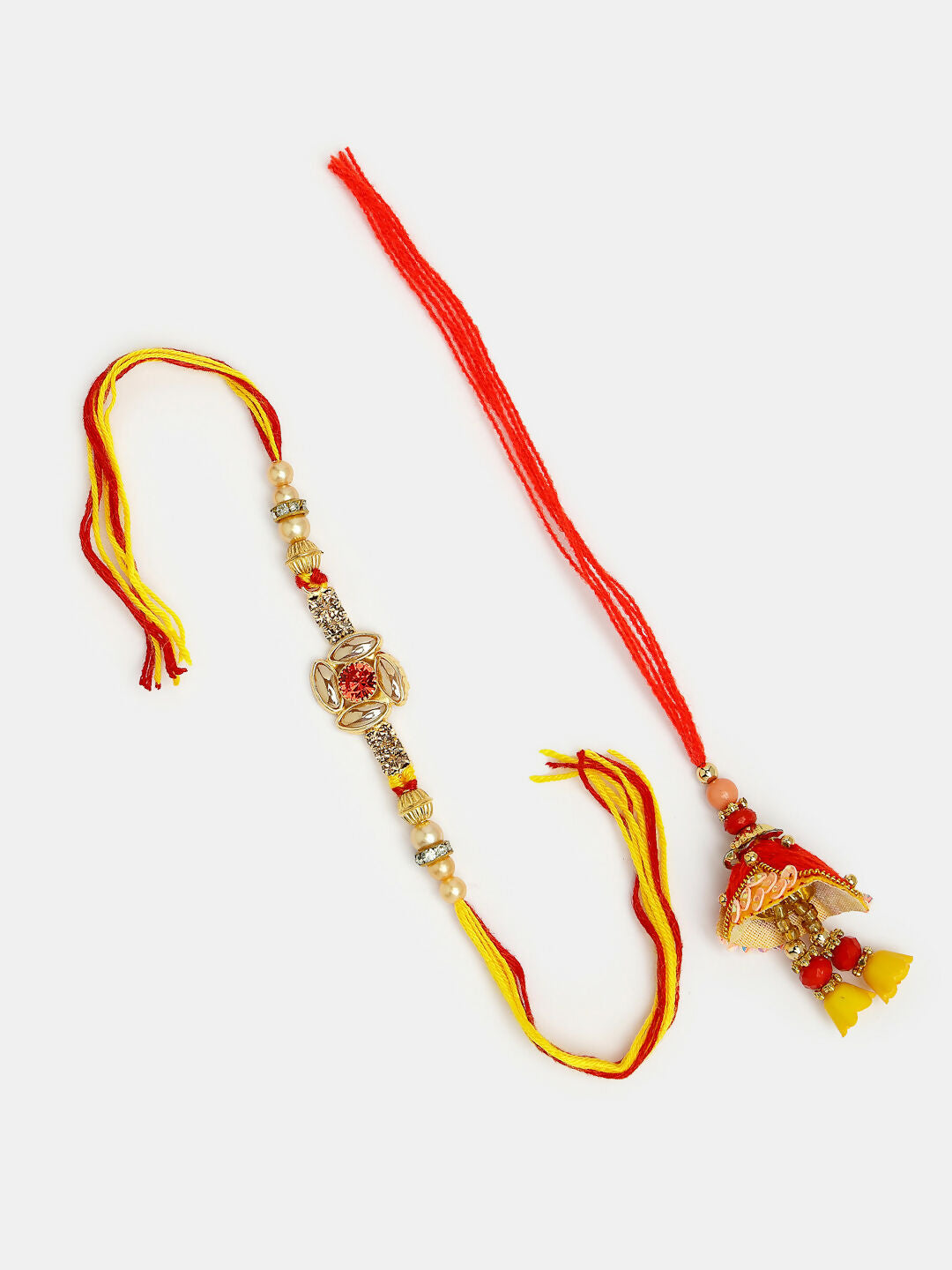 NVR Women & Men Set of 2 Red & Gold-Toned Stone-Studded Bhaiya Bhabhi Rakhi With Roli Chawal & Chocolate | Swadesiicart