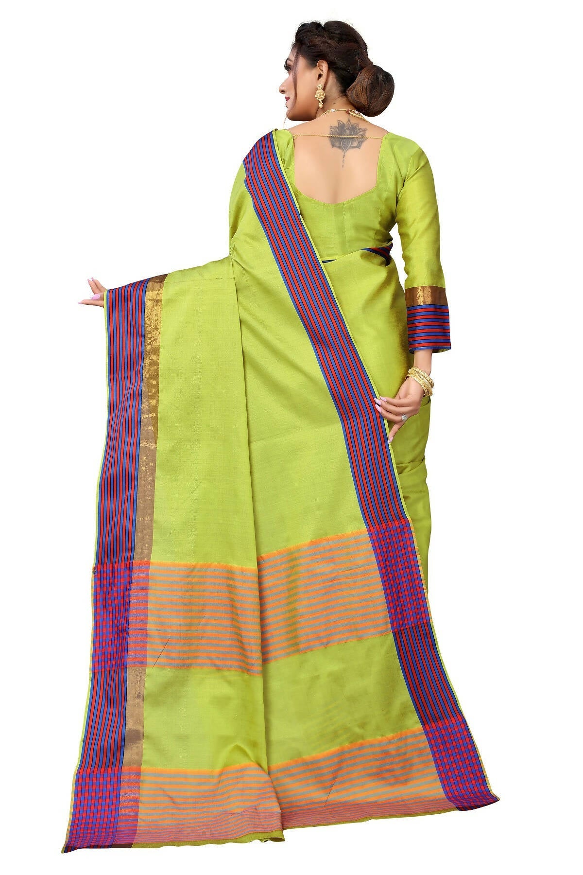 Vamika Ethnic Fire Parrot Green Cotton Silk Saree | Swadesiicart